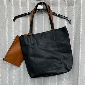 Black and Brown Tote with Attached Mini Bag Faux Leather‎ EUC